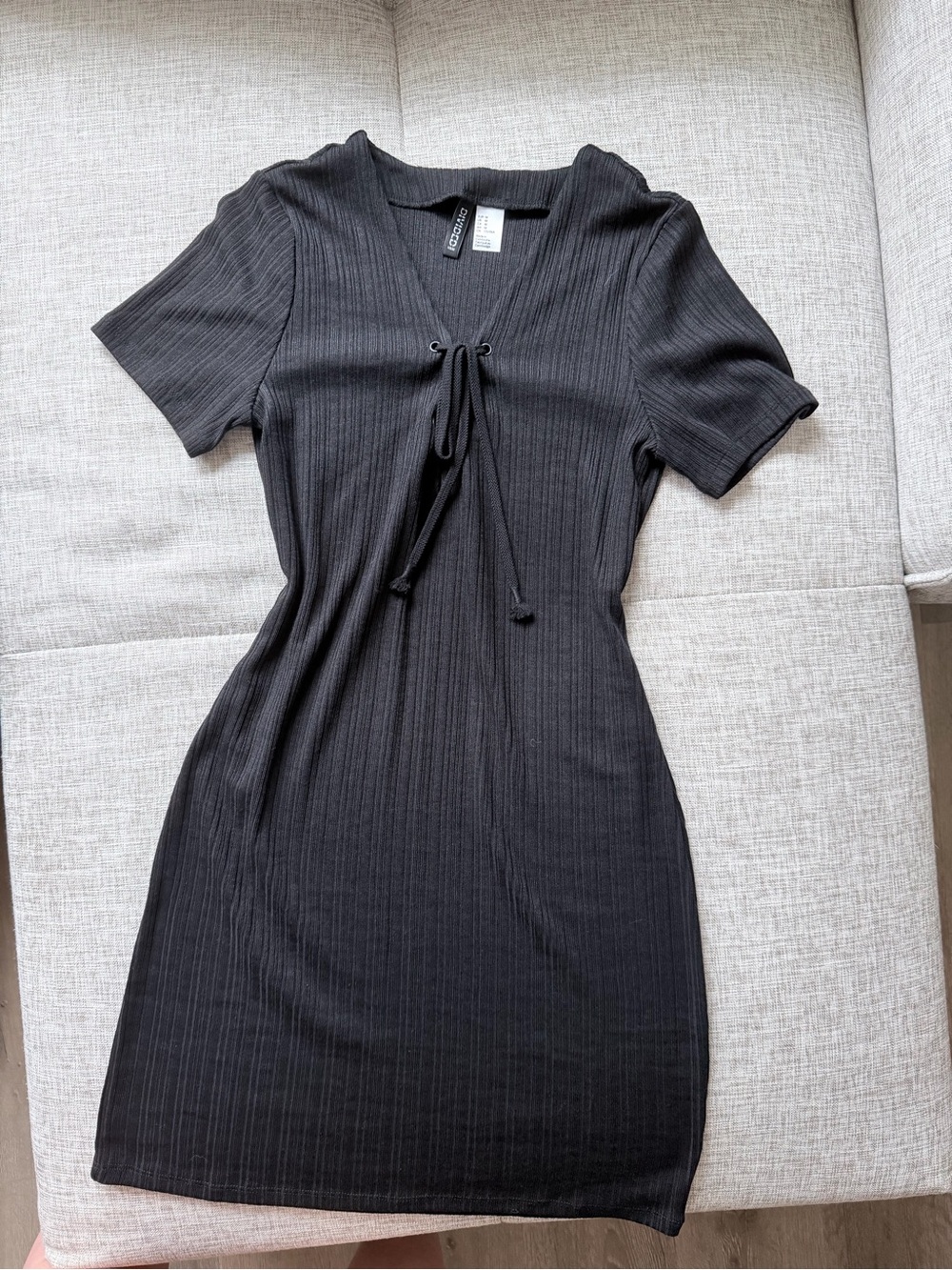 Divided Black Ribbed Tie-Front Mini Dress